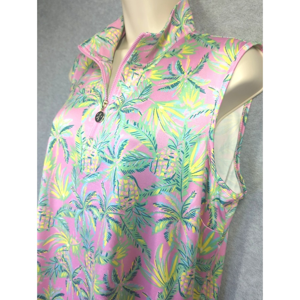 Stella Parker Sport Dress L Pink/Green Palms Pineapples 1/4 Zip Chic Versatile